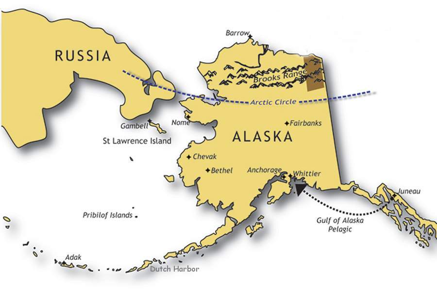 Alaska map showing Adak, Dutch Harbor, Barrow, Anchorage, Nome, Gambell, and the Pribilof Islands